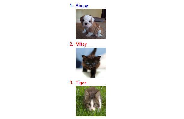 Screenshot of list of pet names with pictures