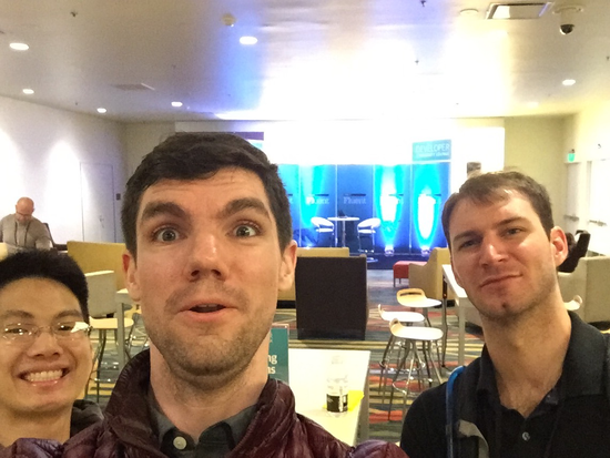 picture of myself with two friends at Fluent Conf in SF